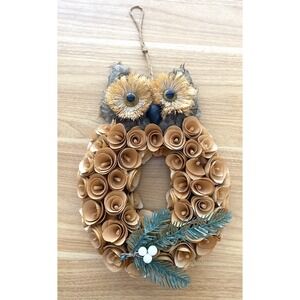 Vtg Owl Wall Hanging Art Wood Curls Brush Fabric Retro Boho 17" x 8.5"